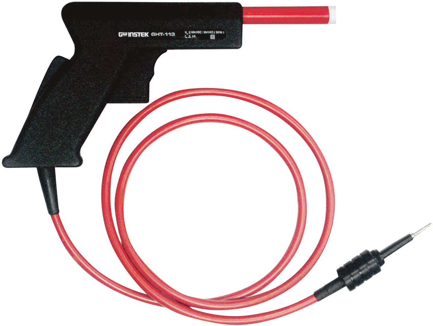 A red high-voltage test probe with a black handle, connected to a long red cable that terminates in a fine metal tip.