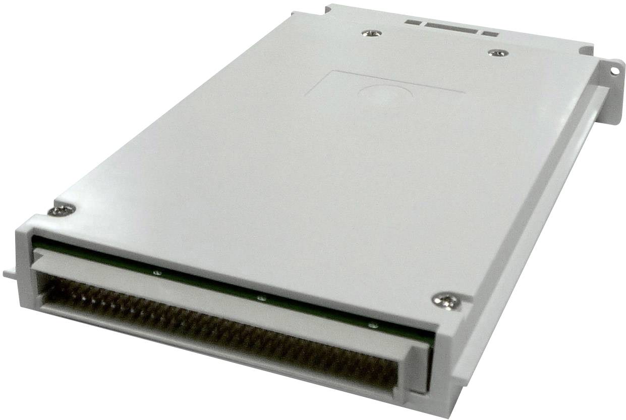 A white electronic device with a rectangular shape and multiple ports on one side, possibly a storage module.