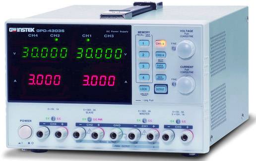 A digital multimeter is displaying measurement values. The display shows multiple channels with different voltage and current readings.