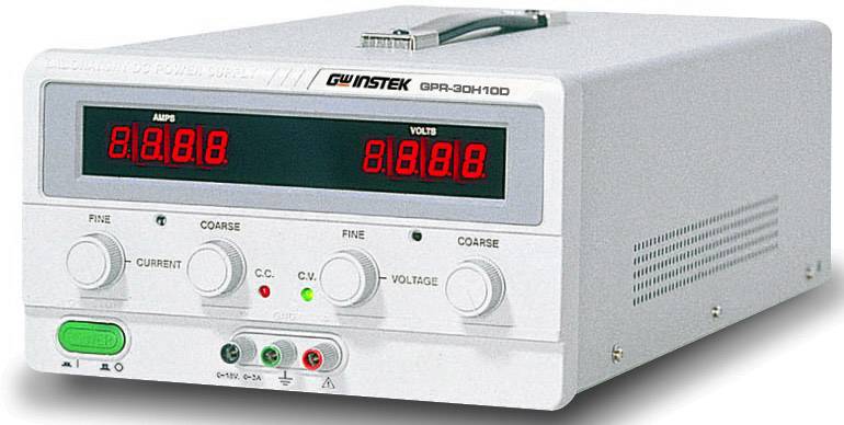 Laboratory power supply unit with digital displays for current (Amps) and voltage (Volts), controls for fine adjustment.
