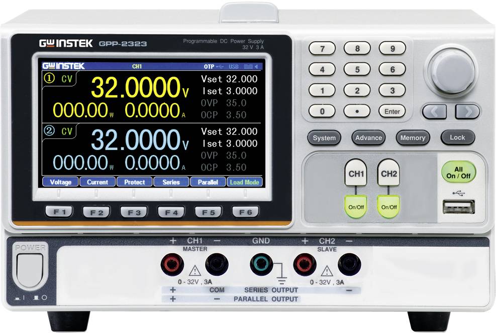 Digital power supply unit with voltage and current display on LCD screen. Controls and connections underneath.