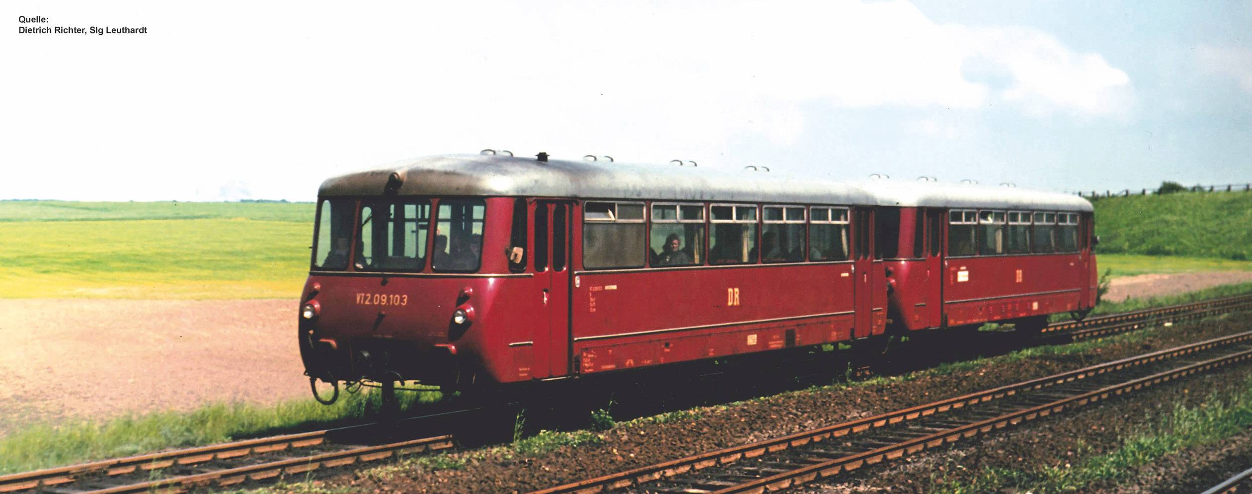 A red rail bus travels along a double-tracked railway line through a rural landscape with meadows in the background.