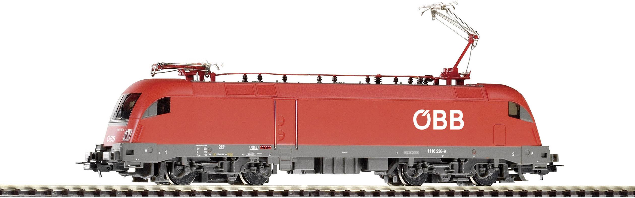 A red electric train from ÖBB on a railway track, viewed from the side, with prominent pantographs and clean lines.