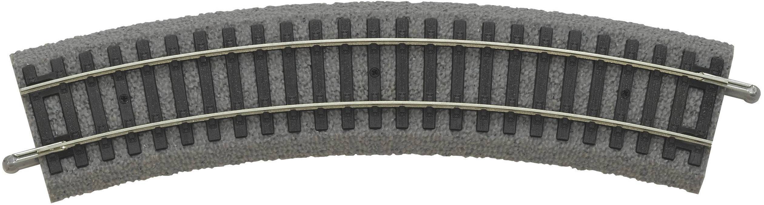 A curved model railway track with a grey ballast substrate and black sleepers, suitable for miniature train sets.