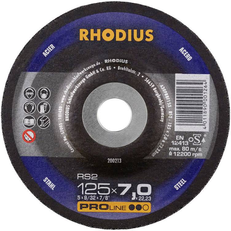 Schleifscheibe mit der Aufschrift 'RHODIUS', 125 mm Durchmesser, 7,0 mm Dicke, geeignet für Metallbearbeitung, max. 80 m/s, 12200 U/min.