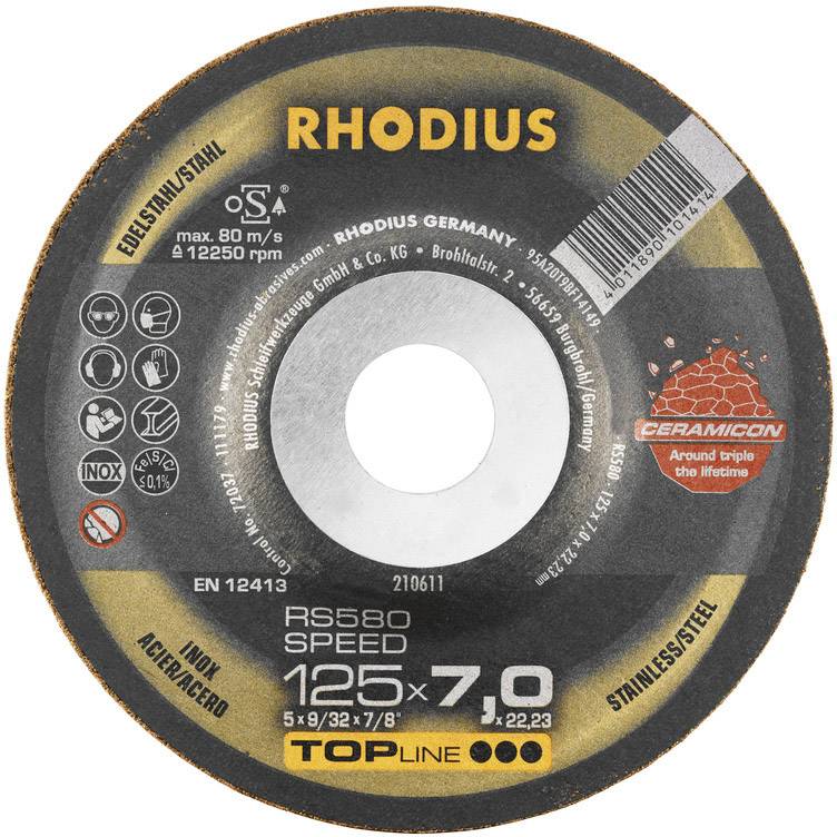 Grinding disc for stainless steel, brand RHODIUS, model RS580, diameter 125 mm, thickness 7 mm, used with maximum rotation 80 m/s.