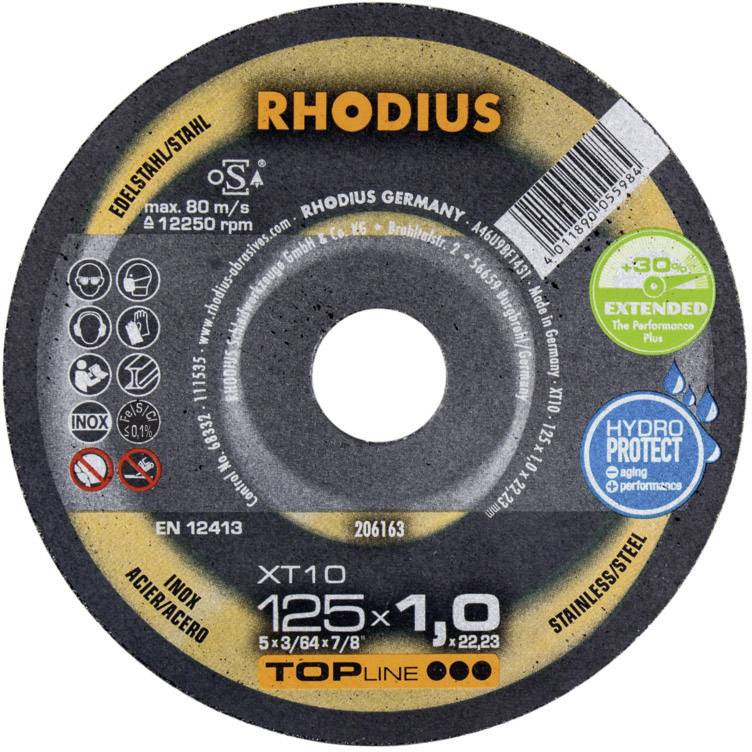 Grinding disc for stainless steel; brand 'RHODIUS', diameter 125 mm, thickness 1.0 mm; suitable for inox; offers HydroProtect protection.