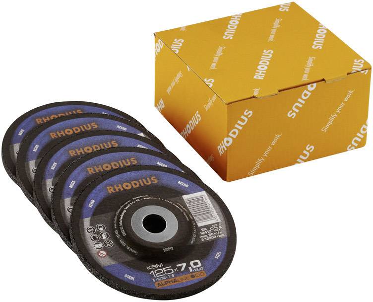 Four grinding discs from the RHODIUS brand placed next to an orange cardboard box with the brand logo.