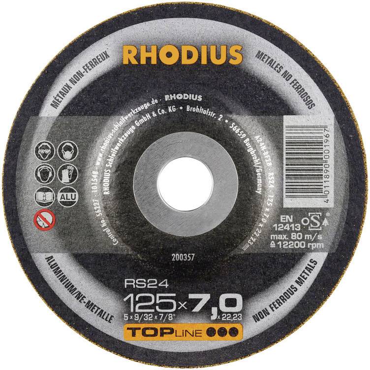Figure of a Rhodius grinding disc. Size 125x7.0 mm. Suitable for non-metallic materials and aluminium. Max. 80 m/s.