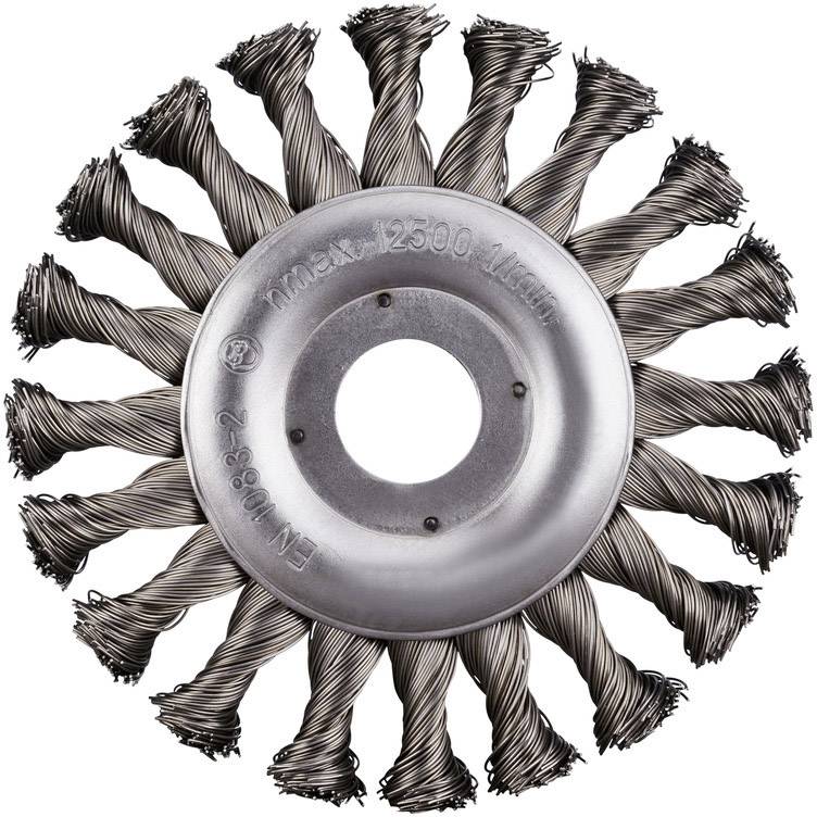 A circular wire brush with dense, twisted wires. Engraved numbers and letters are visible in the centre of the brush.