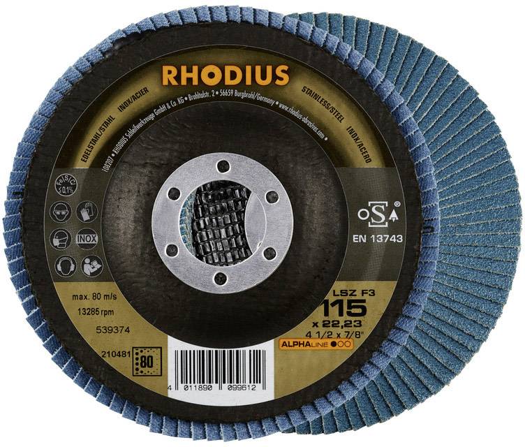 'RHODIUS LSZ F3' Grinding Disc, 115 mm, max. 80 m/s, used for metalworking. Packaging details and safety markings included.