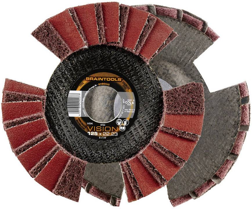 A grinding disc with radially arranged grinding lamellas, suitable for grinding machines. Brand name in the centre of the disc.