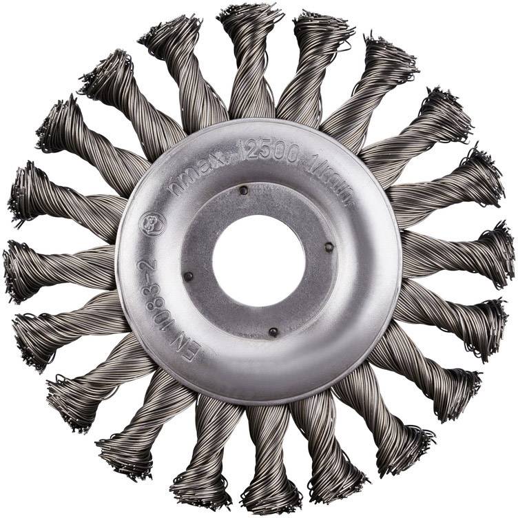 Round wire brush with interwoven bristles arranged like sunrays, central metal plate with inscription 'Max 12,500 rpm'. Suitable for derusting or cleaning.