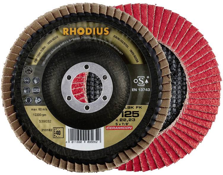 'Two flap grinding discs with different grit sizes for grinding work. One disc shows the manufacturer's label from Rhodius.'