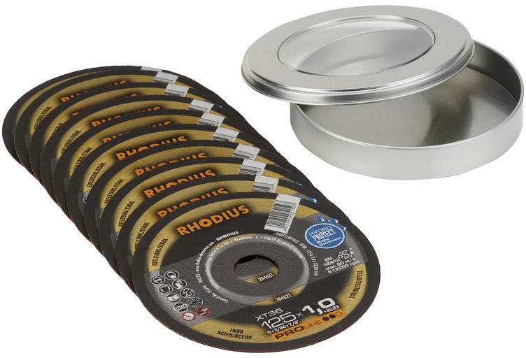 Eight RHODIUS grinding discs in a metal container, suitable for metalworking and deburring.
