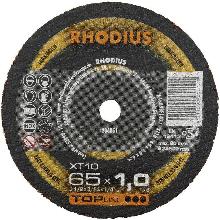 Grinding disc with the inscription 'RHODIUS XT10'. Symbols indicate compatibility with metal and safety information.