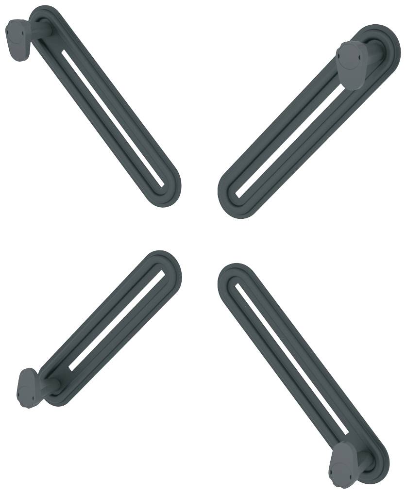Four black, wall-mounted grab rails, symmetrically arranged, provide support and safety in a bathroom or washroom.