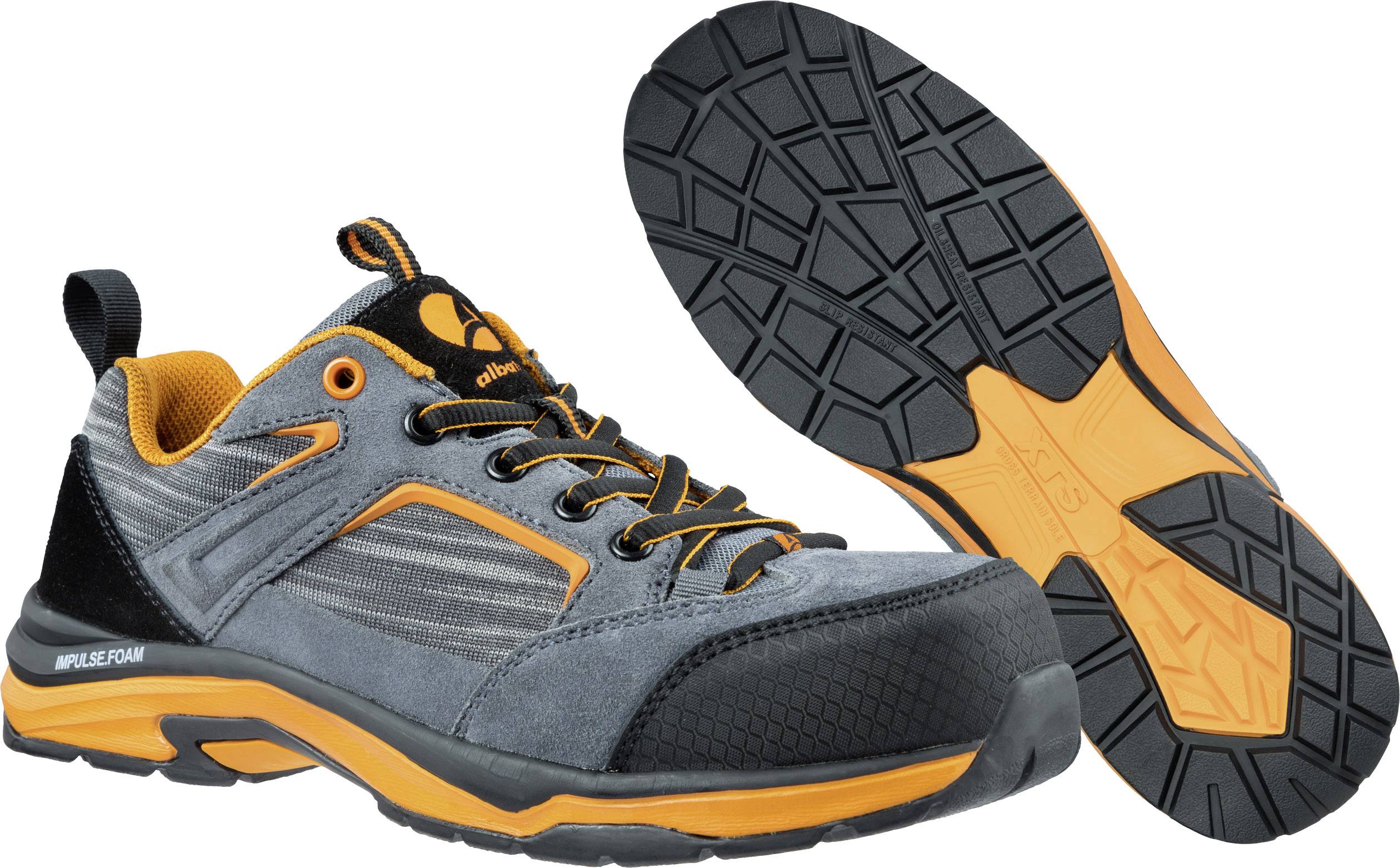 Grey and orange work shoe with non-slip black sole and padded inner lining, suitable for industrial use.