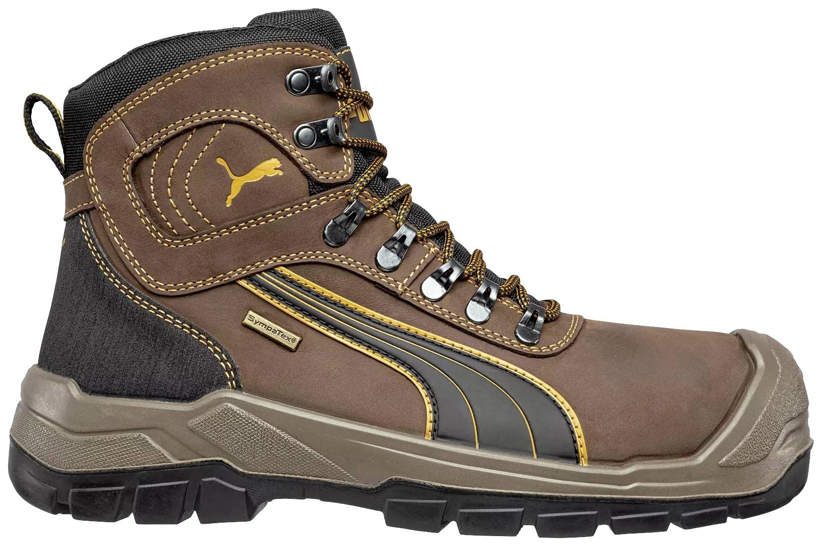 A brown work shoe with black treaded sole and yellow logo on the side, featuring laces and additional protection at the toe and heel.