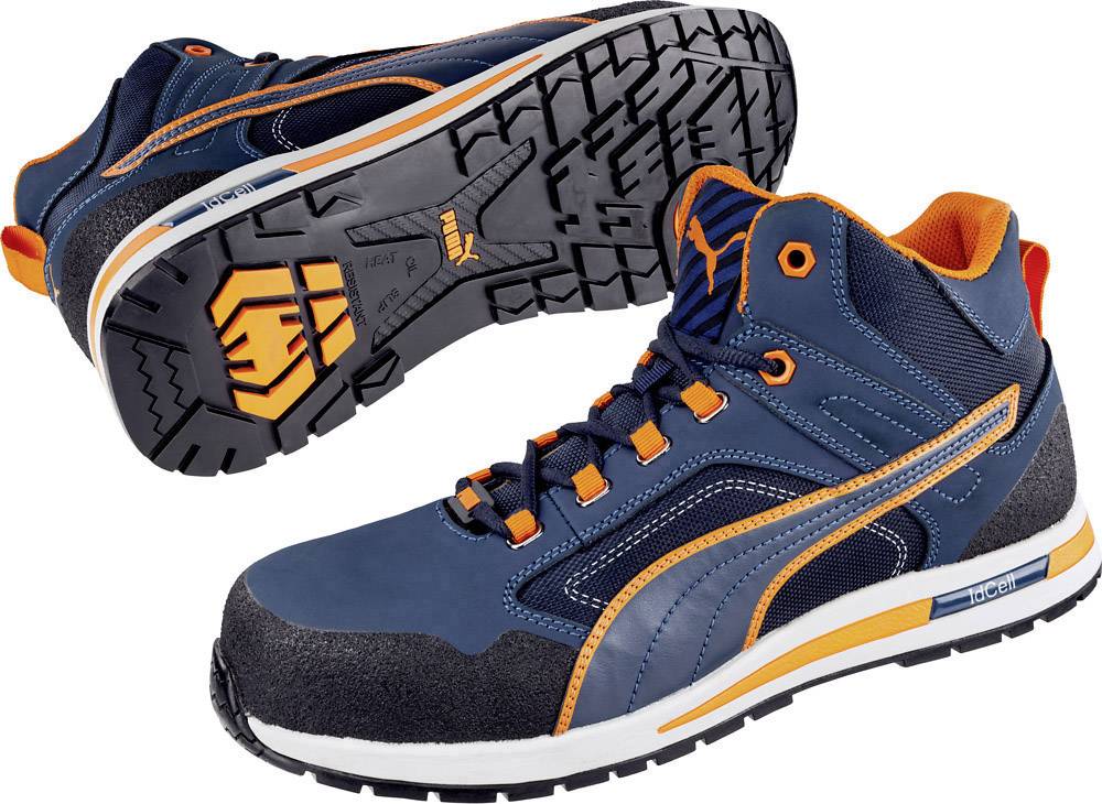 Two sporty, blue-orange safety boots that look robust and non-slip, ideal for outdoor activities.