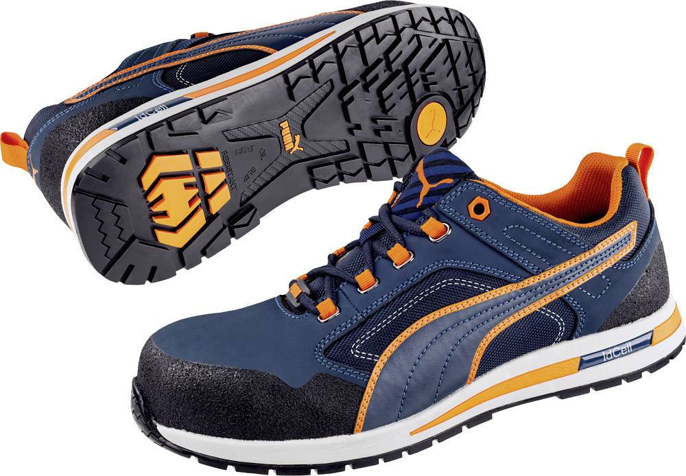 Two blue trainers with orange accents, one showing the sole with tread, the other viewed from the side with laces.