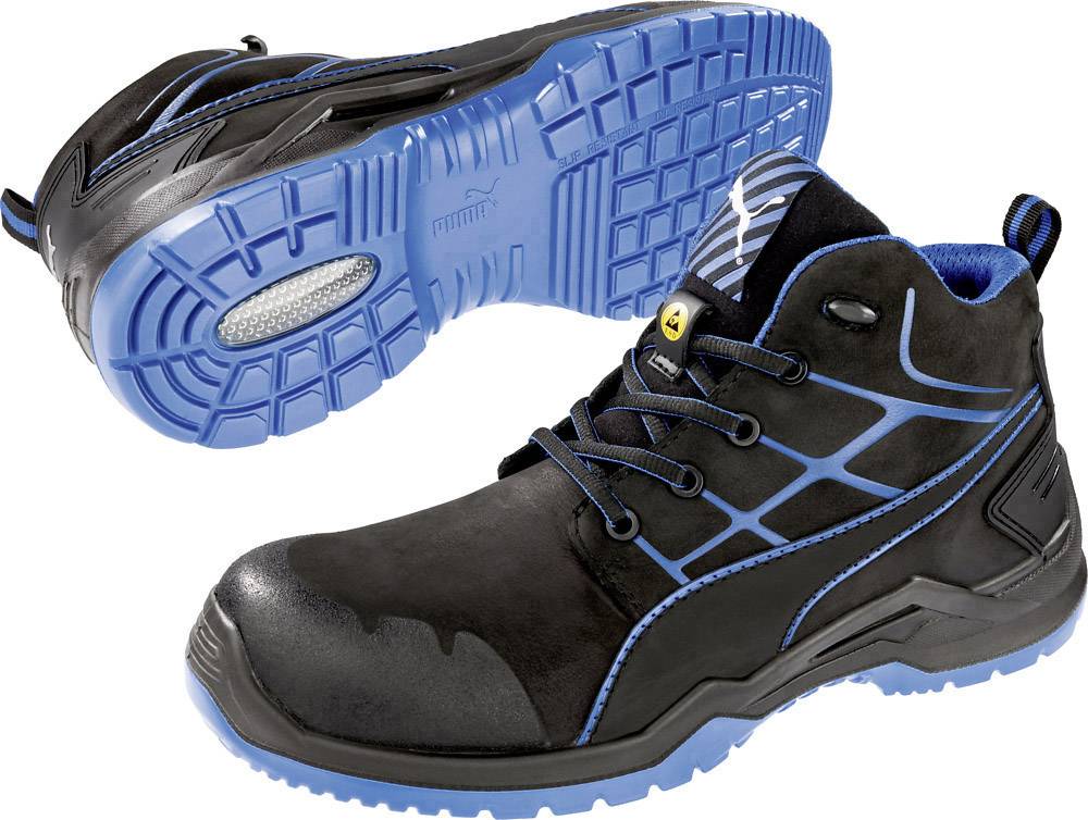 Black safety shoes with blue soles and laces. They feature a reinforced toe cap and geometric patterns on the side.