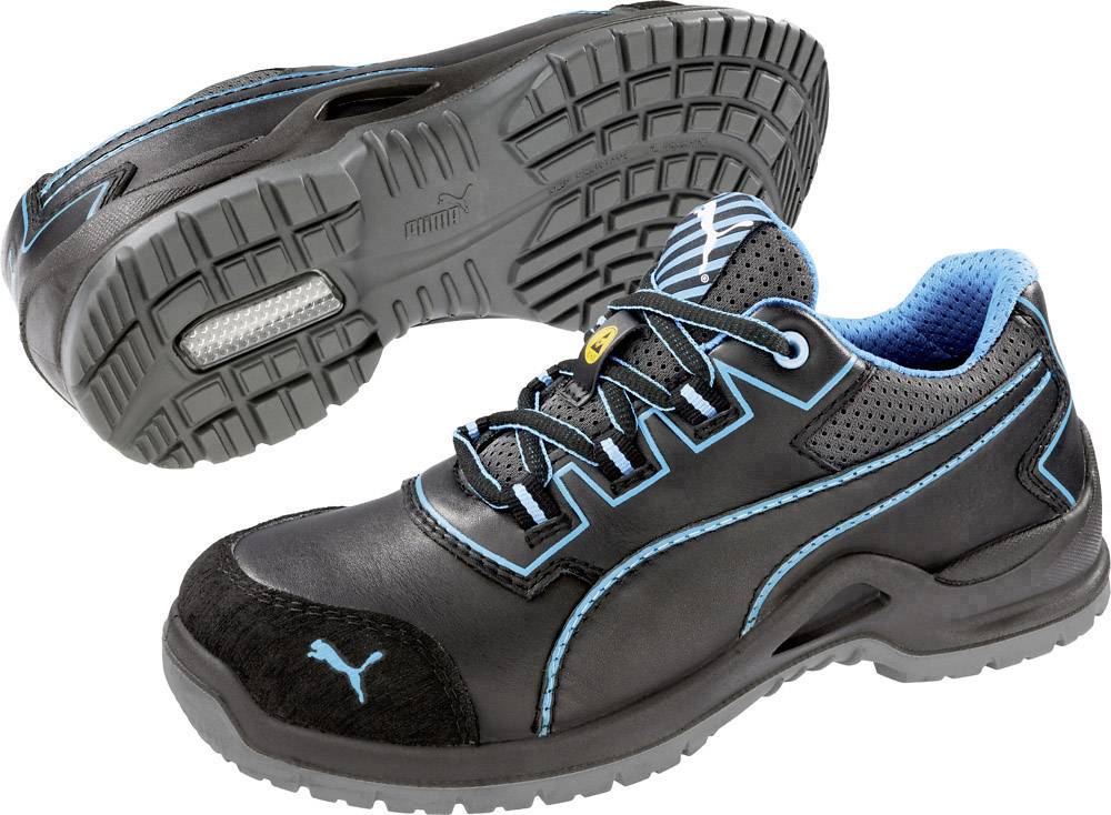 Black sports trainers with blue accents and white logo, showing detailed sole. Designed for comfort and style.
