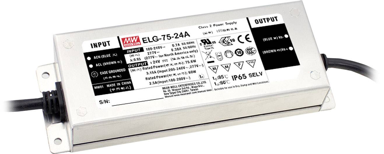 MEAN WELL ELG-75-24AB-3Y LED driver Constant voltage 75.6 W 1.57 - 3.15 A 21.6 - 26.4 V DC 3-in-1 dimmer, Suitable for flammable