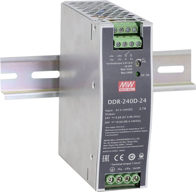 Power supply module for DIN rail mounting. Label: 'DDR-240D-24', with input and output specifications, green connection terminals.