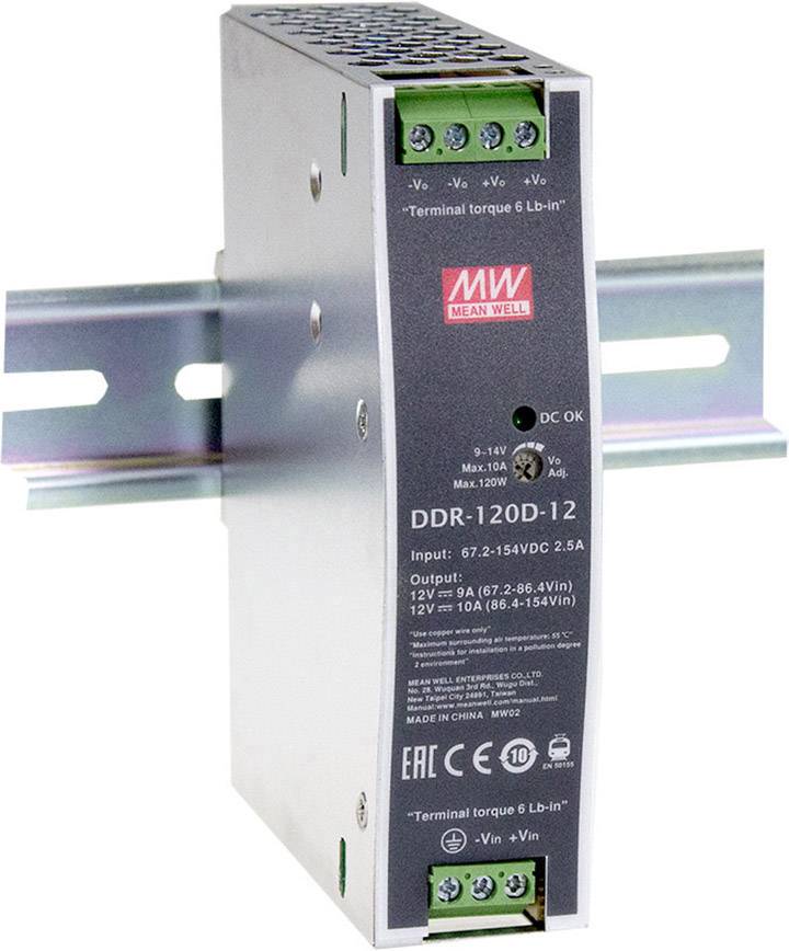 A switched-mode power supply from MW Mean Well, Model DDR-120D-12, mounted on a DIN rail. Input range: 67.2-154VDC; Output: 12V, 10A.