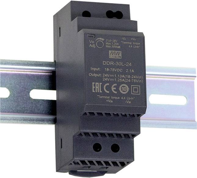 A black DIN rail power supply with technical specifications mounted on the front of a metal rail.