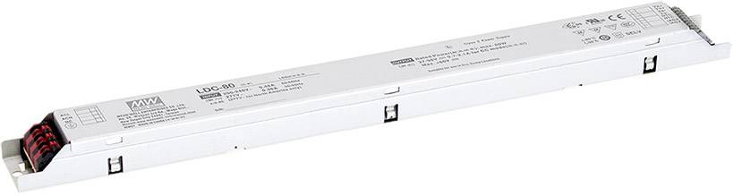 A rectangular LED driver in an elongated shape with technical specifications and certificates printed on the surface.