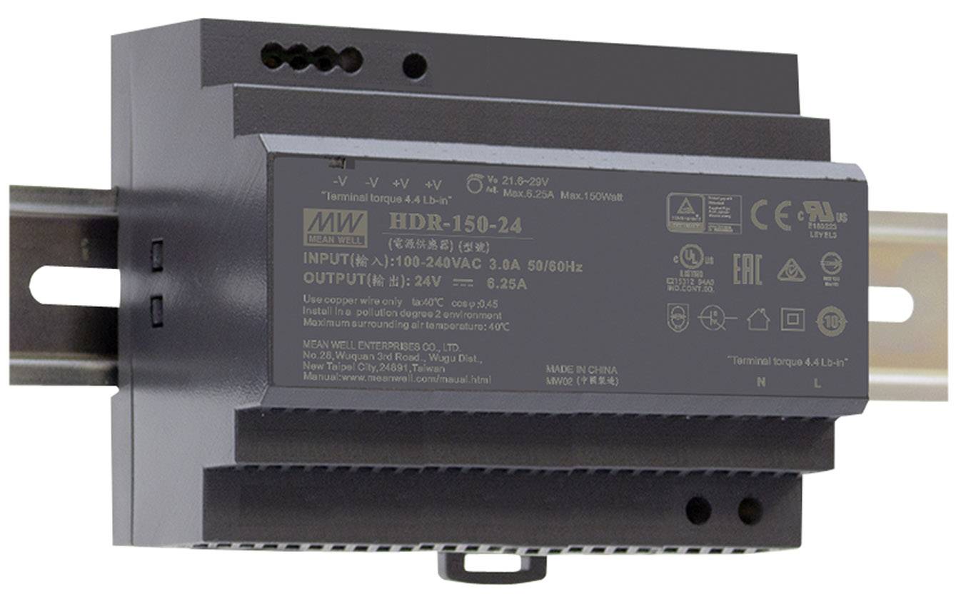 Black and grey power supply mounted on DIN rail. Marking provides information about model, input 100-240V AC, output 24V DC, 6.25A.