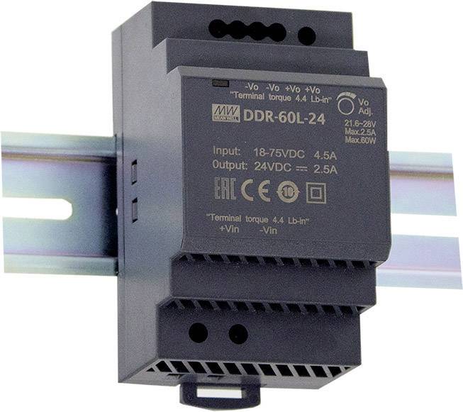 A Mean Well DDR-60L-24 power supply, mounted on a DIN rail. Input range: 18-75VDC, output: 24VDC, 2.5A.