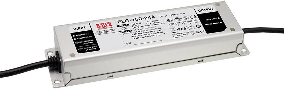 Power Supply Unit with Model Number 'ELG-150-24A'. Shows input and output ranges, technical specifications, and safety symbols.