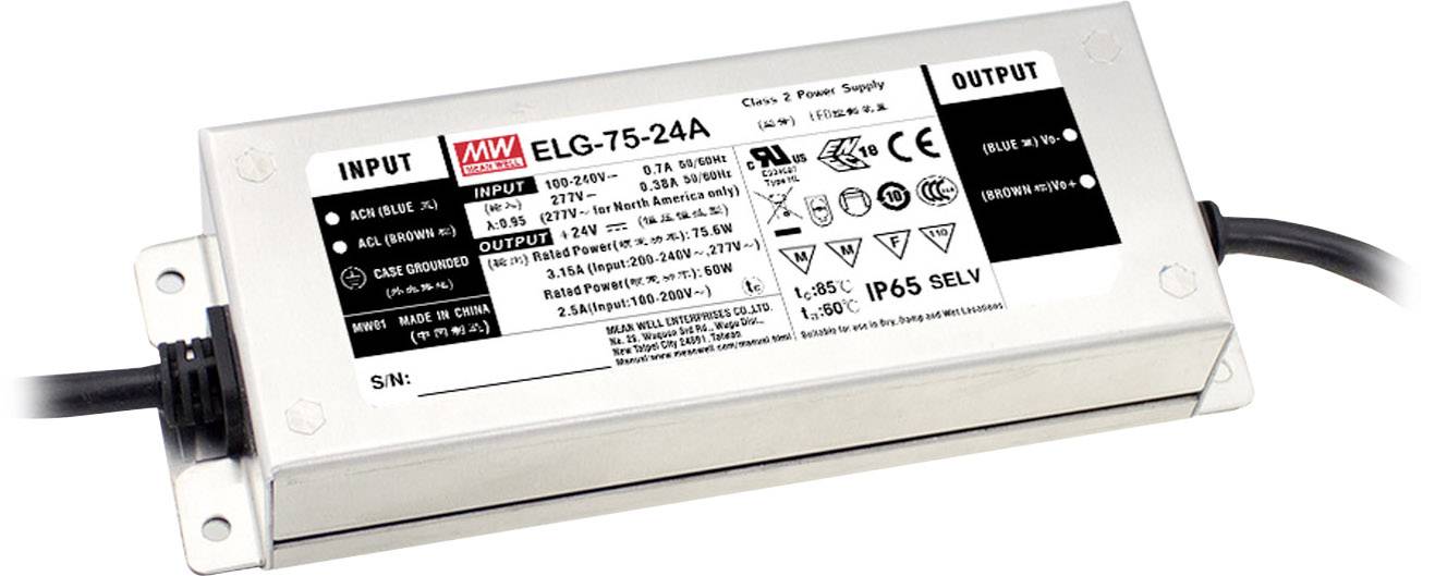 MEAN WELL ELG-75-36AB-3Y LED driver Constant voltage 75.6 W 1.05 - 2.1 A 32.4 - 39.6 V DC 3-in-1 dimmer, Suitable for flammable