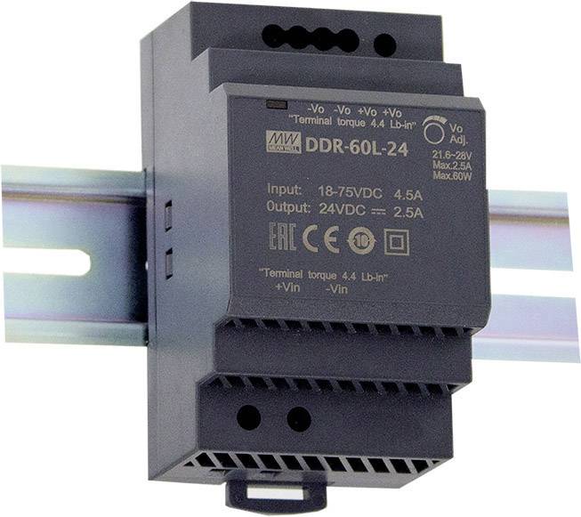 A black DIN rail power supply with model number DDR-60L-24. It has input and output specifications on the front panel.