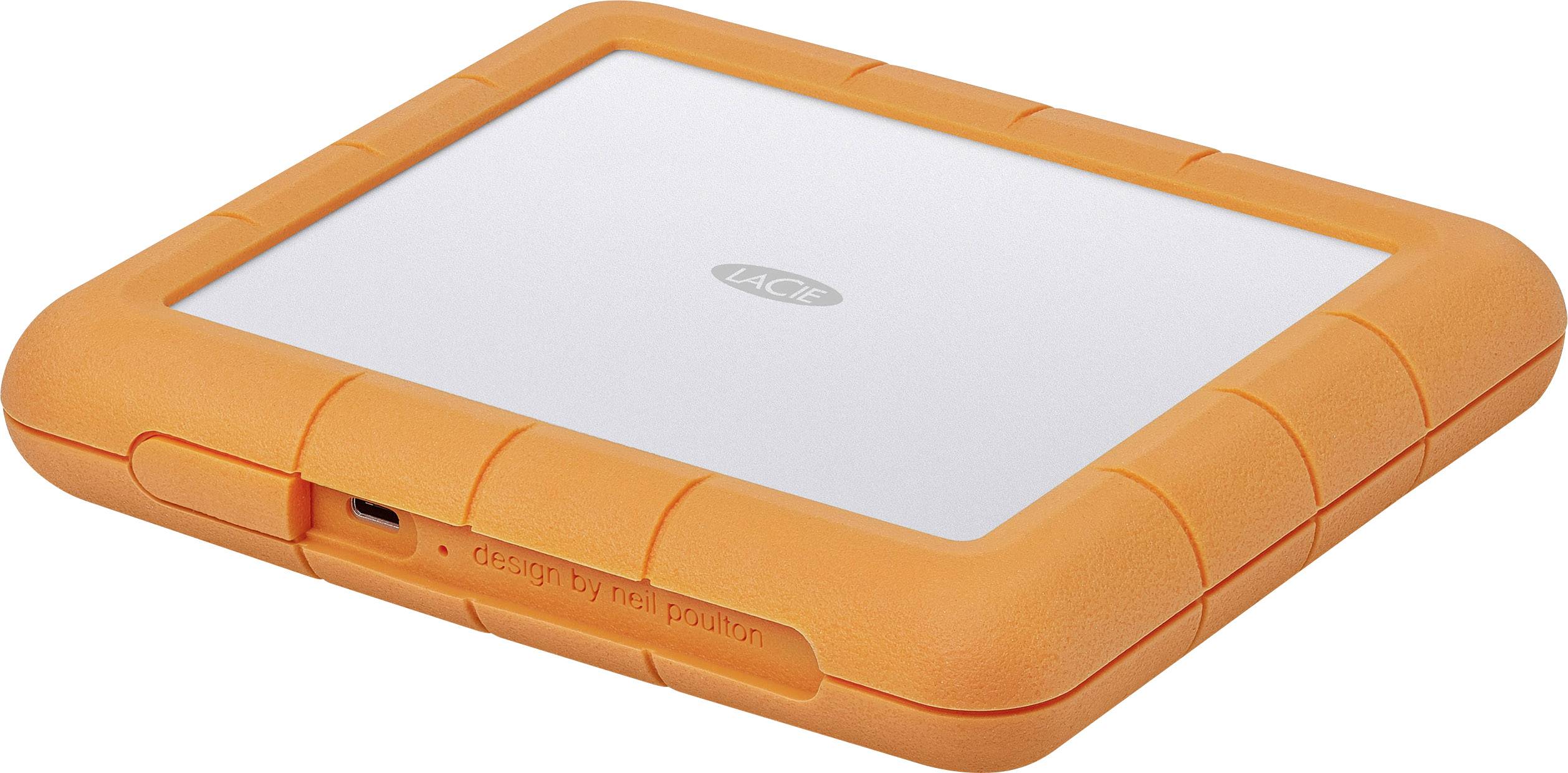 Orange, rugged external hard drive with robust design for on-the-go use.
