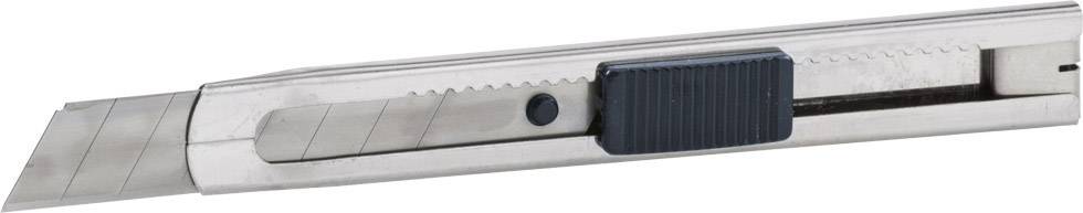 Metallic carpet knife with retractable blade and black slider for adjusting the blade.