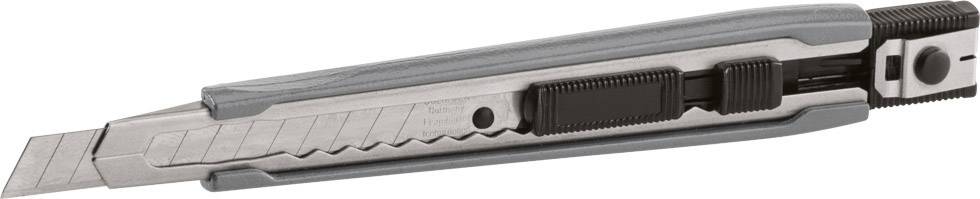 Grey and black utility knife with a retractable blade, suitable for precise cuts in paper or card.