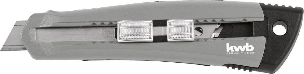 Grey utility knife with blade, plastic handle, two sliders for blade adjustment, 'kwb' brand print on the top surface.