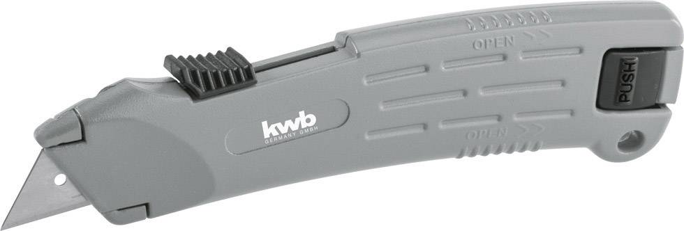 Grey utility knife with retractable blade, side safety lock, and ergonomic handle. Brand name 'kwb' on the casing.