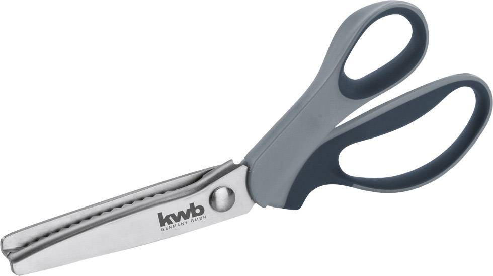 Scissors with a grey handle and serrated blade, suitable for zigzag cutting in fabric or paper. 'kwb' label on the blade.