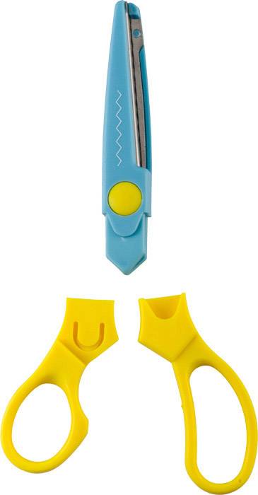 A yellow handle and a blue cutter combinable with each other. The handle resembles scissors, with the parts fitting together.