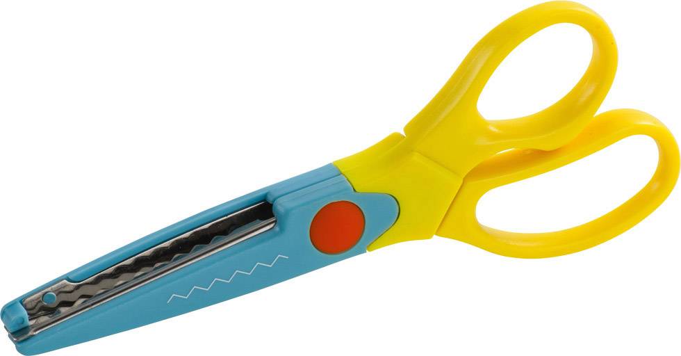 Colourful children's scissors with a wavy blade and yellow handle. Suitable for paper crafts in pre-school.