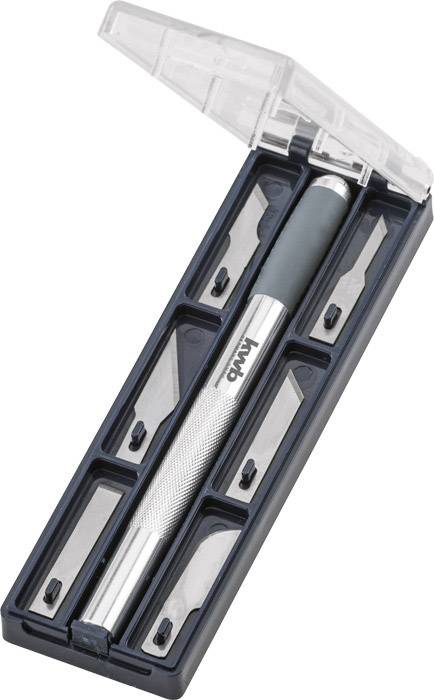 Metal cutter set with handle and four replacement blades in a plastic box with hinged lid. Brand name on the handle.