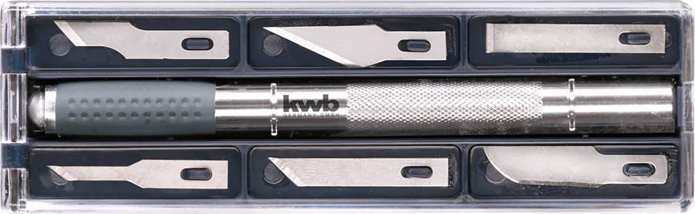 Metal cutting tool handle in a plastic case, accompanied by six different blade attachments for precise cutting work.