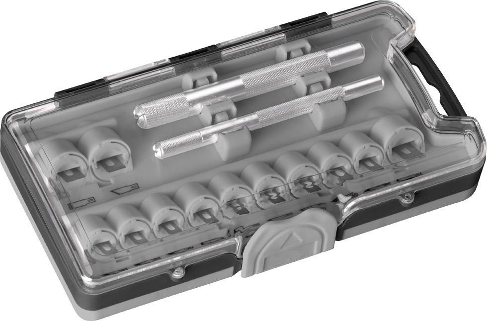 A transparent tool case with various attachments and two metal extension rods inside.