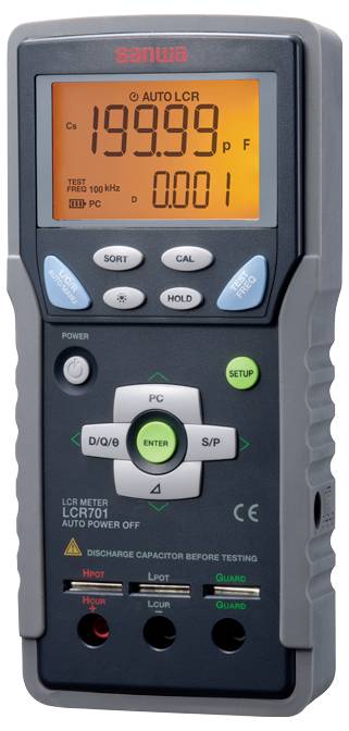 Digital LCR meter showing a capacitance reading of 199.99 pF. The display includes mode settings and function buttons below.