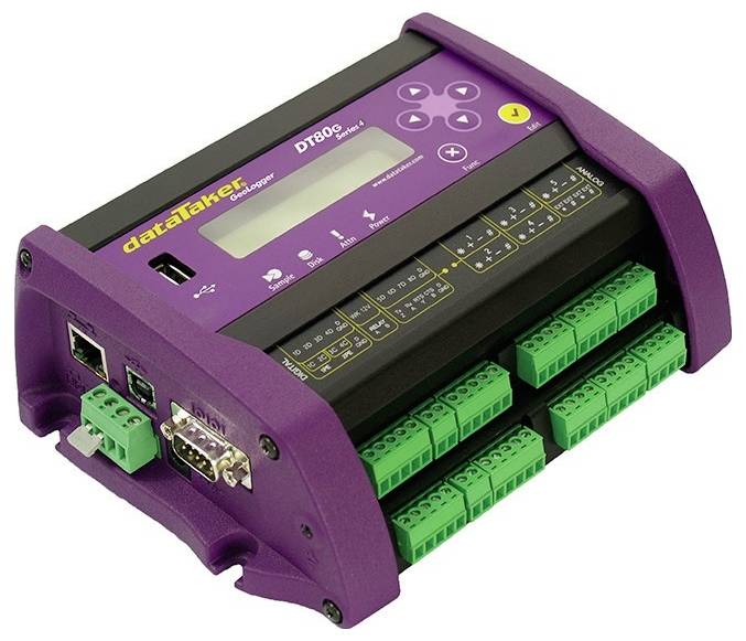 Measuring device with LCD display and multiple interfaces, including Ethernet and RS232. Model 'dataTaker DT80G'. Predominantly purple casing.